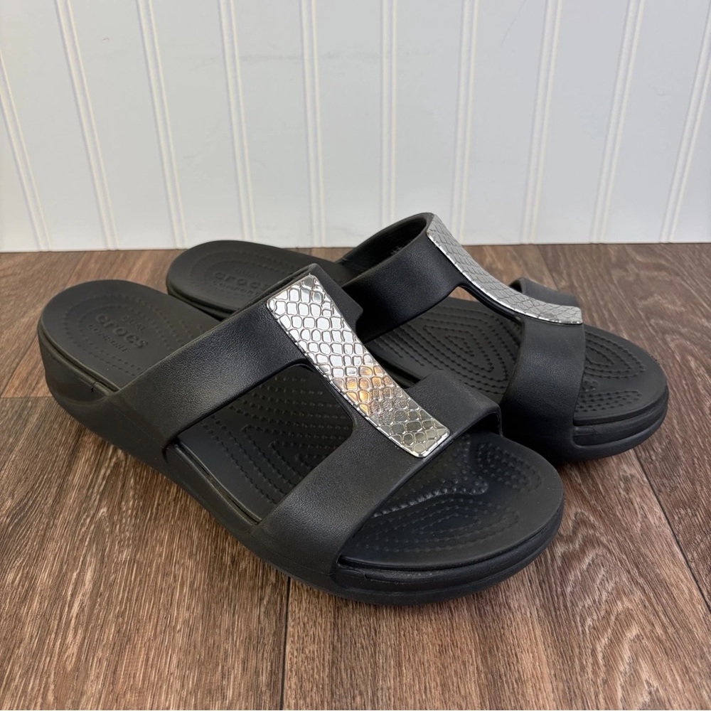 Crocs Monterey Metallic Slip On Wedge Sandal Open Toe Size 10 Black Silver